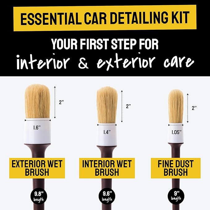 Detail Dudes Soft Boar Hair Car Detailing Brush Set - 3-Pack, Brown - Car Detailing Kit for Versatile Uses - Soft Bristles Cleaning Brush - Water-Resistant Handles