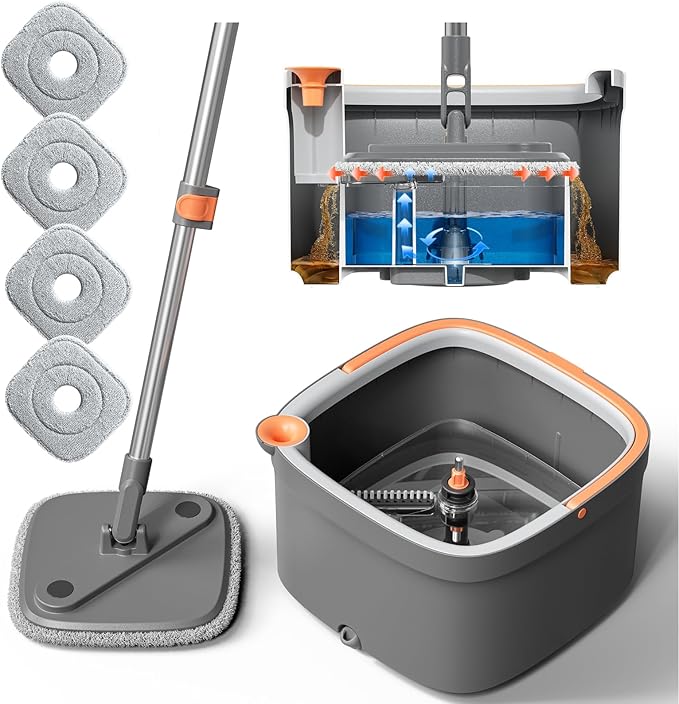KZKR Spin Mop and Bucket Set with 4 Replaceable Microfiber Mop Pads with Self Separation Dirty and Clean Water System, Self Wringing 360° Rotating Square Mop Head for Hardwood Tile Marble Floors