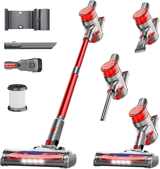 fenhua Cordless Vacuum Cleaner, Powerful Stick Vacuum Cleaner for Home with Rechargeable Battery, 6-in-1 Lightweight Handheld Vacuum, 45 Mins Runtime for Hardfloor & Carpets Pet Hair (red)