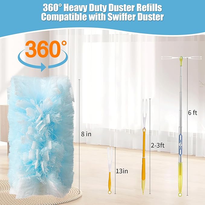 Senowi 60 Count 360° Heavy Duty Duster Refills Compatible with Swiffer,Large Size-Extra Thick Disposable Electrostatic Duster Refill with 1 Retractable Handle(35-inch Length Fully expanded)