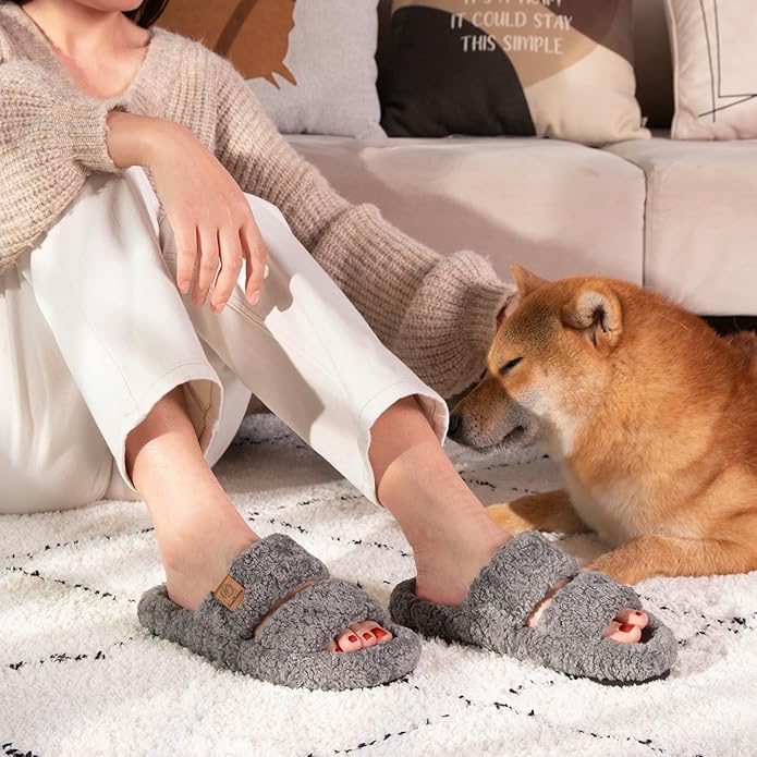 EverFoams Womens Fuzzy Open-toe Slippers Soft Comfy Memory Foam Indoor House Shoes