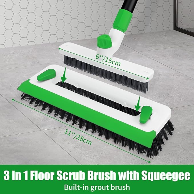 Floor Scrub Brush with Long Handle, 3-in-1 Floor Scrubber Brush with Squeegee Stiff Bristle Deck Brush for Cleaning Tile Bathroom Patio Deck Garage Grout
