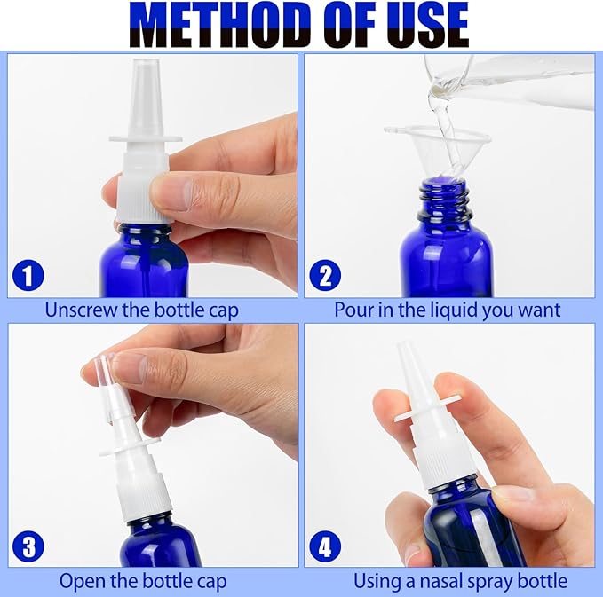 40 Pcs Nasal Spray Bottles, 30ML/1oz Blue Glass Refillable Fine Mist Empty Nasal Spray Bottle with 8 Pcs Funnels and 8 Pcs Labels…