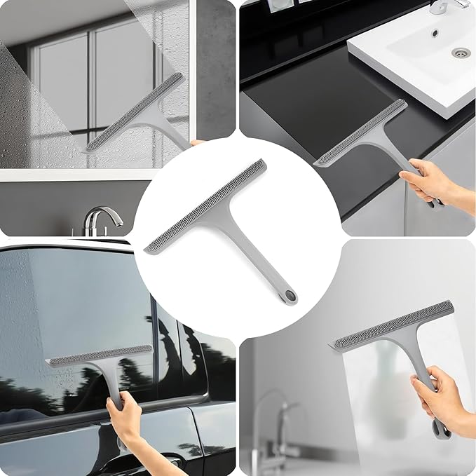 Mesiiloly 10.7“ Wide All-Purpose Shower Squeegee for Glass Doors, Squeegee for Shower Glass with Hook, Window Squeegee with Double-Ended Gap Brush Set for Shower, Bathroom, Car Glass, Mirror (Gray)