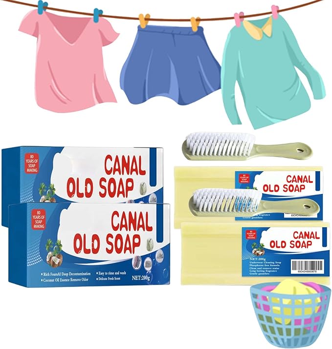 Canal Old Soap with Brush, Grand Old Soap for Stains, Canal Underwear Cleaning Laundry Long Lasting Fragrance Soap Bars, Gentle Not Hurt Hands Removing Old Stains (2PCS)
