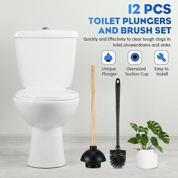 Sawysine 12 Pcs 18 Inch Toilet Plungers and 16.54 Inch Toilet Bowl Cleaning Brush Heavy Duty Commercial Plungers with Double Thrust Force Rubber Suction Cup for Bathroom Household Stores Restaurants