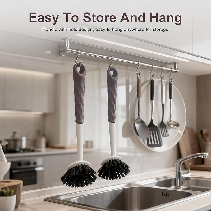 DMBMHMBDF Dish Brush, 2 Pack with Comfortable Handle, with Built-in Scraper, Scrub Brush with Stiff Bristles for Cleaning Dishes, Sink, Pots (Brown)