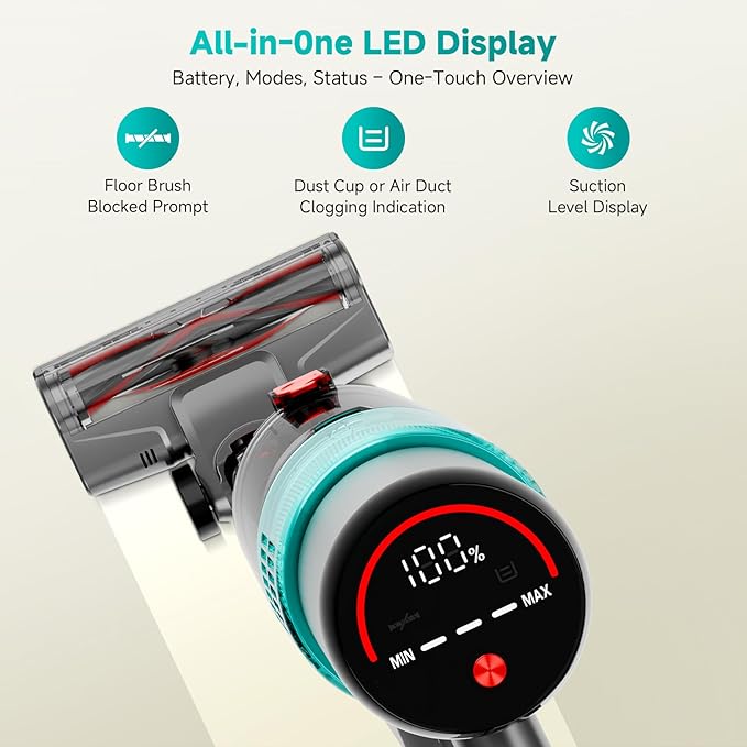 Clinkal Cordless Vacuum Cleaner: 40KPA Powerful Suction Cordless Stick Vacuum Cleaners for Home, Anti-Tangle Brush, Lightweight, 6-in-1 Rechargeable Vacuum for Pet Hair/Carpet/Hard Floor(Green)