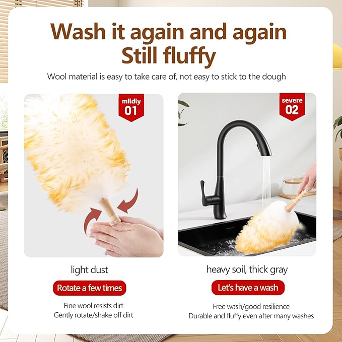 iHUFeather Lambswool Duster for Cleaning with Solid Wooden Handle Leather Hang Strap 19.6 inch Natural Feather Duster for Cleaning Ceiling Fans Window Blinds Computer Furniture(2 Pack)