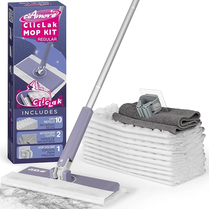Disposable Sweeper Dust Mop, No-Touch Attach & Remove Cloth Instantly, Compatible with Swiffer Pads, Clamp Clip Mop for Kitchen House, Dorm, Classroom Wood Hardwood Floor Wall Cleaning(50'')