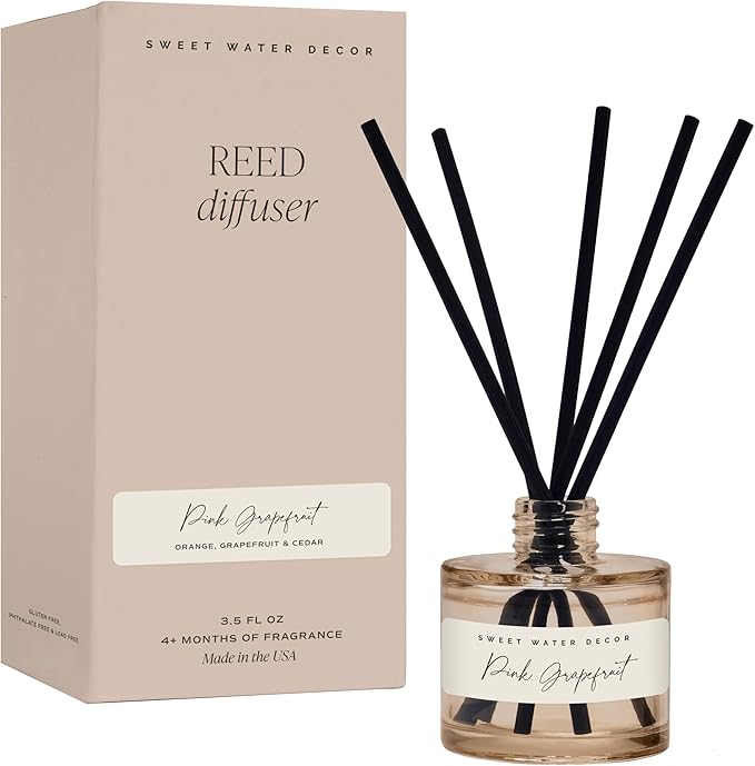 Sweet Water Decor Pink Grapefruit Reed Diffuser – Room Decor Aesthetic with Long-Lasting Premium Fragrance of Grapefruit, Orange, Strawberry, Jasmine, and Cedar for 4 Months – Ideal for Home Decor