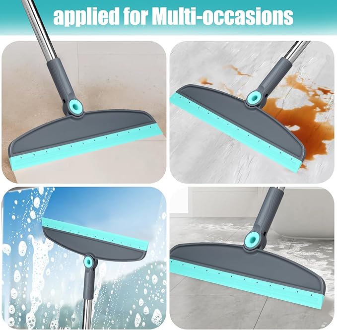 Michao Upgrade Broom and Dustpan Set, Silicone Broom,Long Handle Broom with Upright Standing Dustpan, Squeegee - Broom for Indoor Cleaning 2+1,for Indoor Outdoor,Smooth Floors, Rugs (Green-Grey)