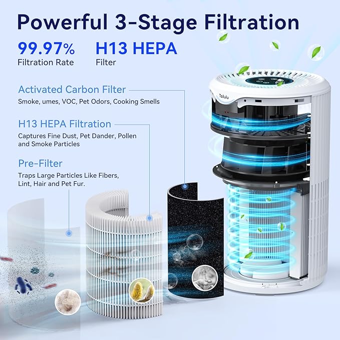 Air Purifiers for Home Large Room Up to 1500 Sq Ft, Tailulu H13 HEPA Air Purifier for Pet Dander Smoke Odor Dust Pollen, Air Filter for Bedroom Living Room, Kitchen, Office, Sleep Mode