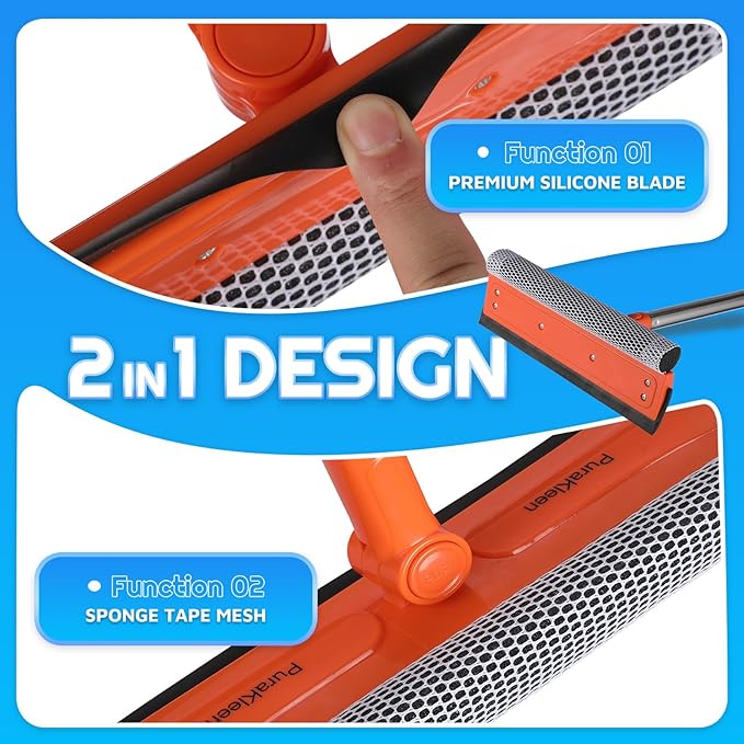 PuraKleen Window Squeegee, 62” Super Long Stainless Steel Pole, Mirror Cleaner Tool, Extendable Squeegee for Window Cleaning Fit High Up Area,Shower Door and Tiles