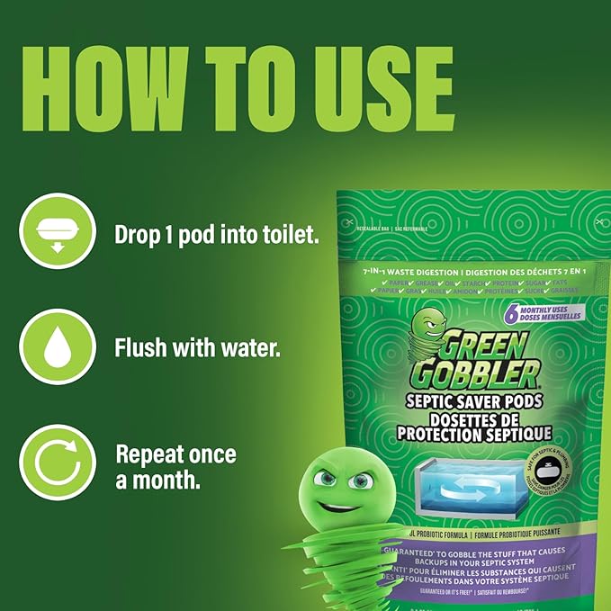 Green Gobbler Septic Tank Treatment Packets, 12 Month Supply - Powerful Natural Bacterial & Enzymes to Prevent Costly Septic Issues, Back-Ups, Foul Odor