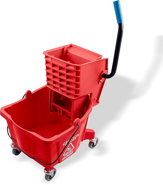 Carlisle FoodService Products 26-Quart Commercial Mop Bucket with Side-Press Wringer, Precision-Molded Polypropylene, Durable Wringer, Bucket with Non-Marking Casters, 18.5 x 16.5 x 23 Inches, Red