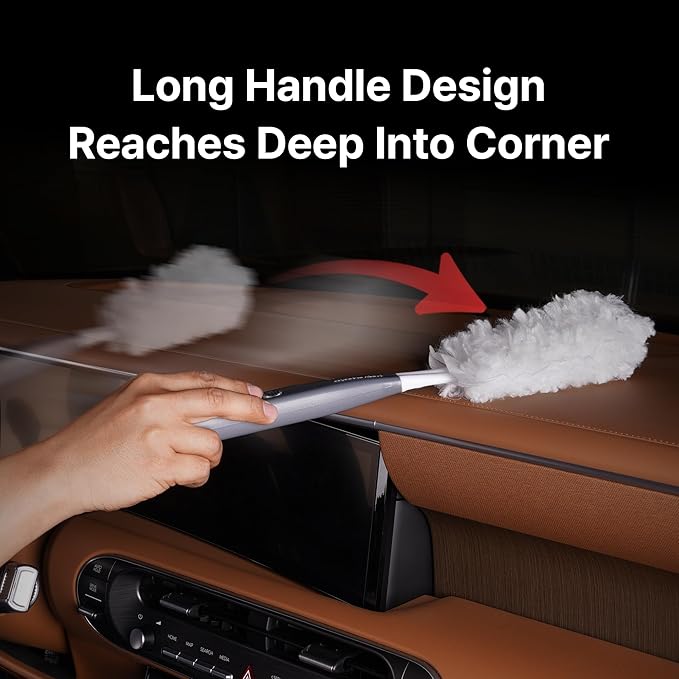 KMMOTORS 2-in-1 Full Circle Car Duster – Soft Microfiber Duster with Hidden Brush, Extendable Handle, 360° Cleaning, 10 Refills & Storage Bag Included. Ideal for Dash & Interior (Main Unit_Gray)