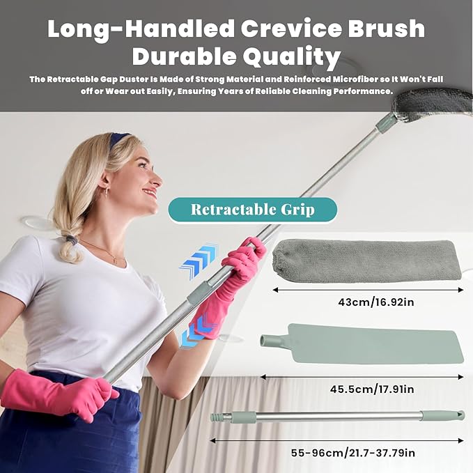 Flat Duster, Retractable Gap Dust Cleaning Artifact, Extendable Microfiber Duster with Bendable & Removable Head, Reusable Washable Dusting Wand for Home,Ceiling,Blinds (1Set)