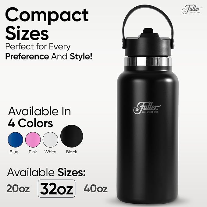 Fuller Stainless Steel Water Bottle with Straw Lid – BPA-Free, Sweat-Proof, Leak-Proof Travel Mug – Double Wall Insulated for Hot & Cold Drinks – Carry Handle (Black, 32 Oz.)
