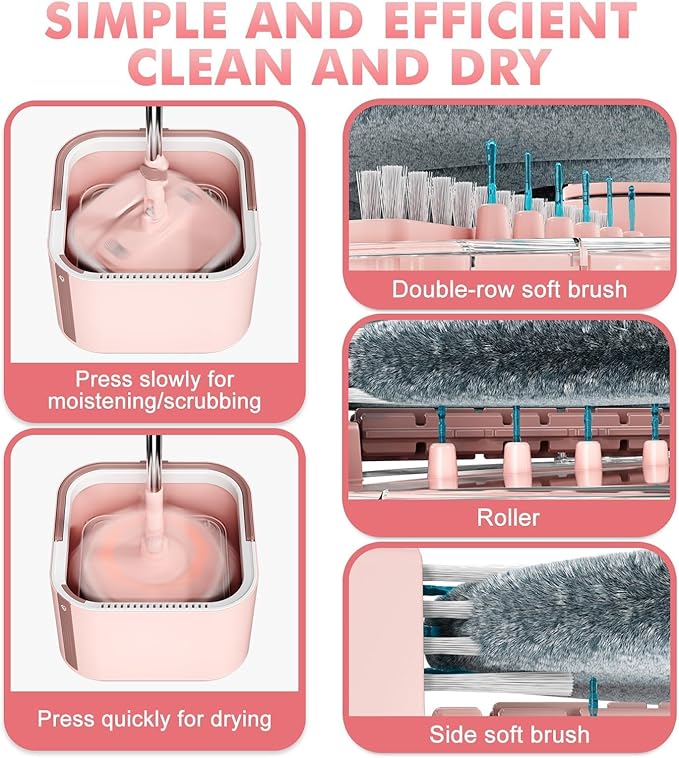 Upgraded Spin Mop and Bucket System Set, Self Separate Clean and Dirty Water, Foldable Square Standing Mop Head with Microfiber Mop Pads, Detachable Bucket (Pink, Mop Set with 6PC Pads)