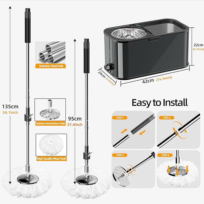 SWIFTIRON Stainless Steel Spin Mop and Bucket with Wringer Set for Home,360° Mop and Bucket with Separate Clean and Dirty Water,Wet Dust Mop for Floor Cleaning with Extra Refills (Black)