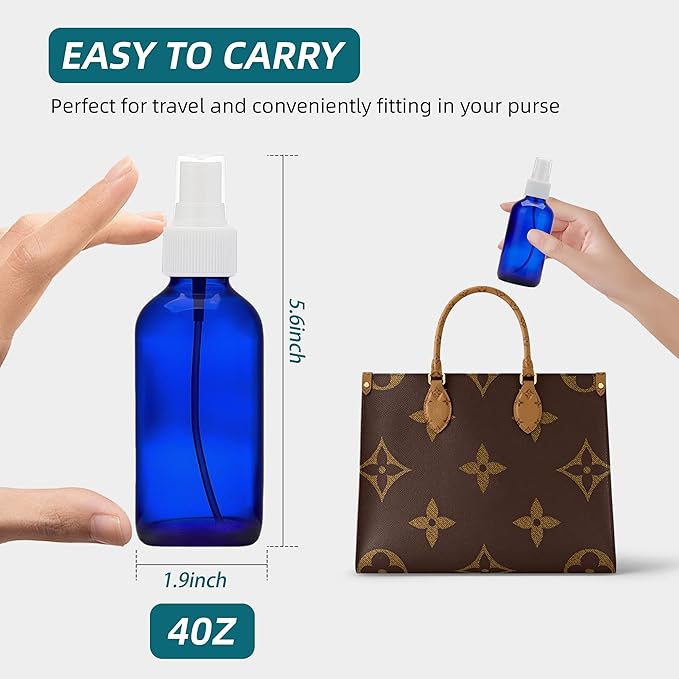 Cobalt Blue Glass Spray Bottles 4 oz, Small Empty Spray Bottles for Essential Oils, Fine Mist for Face, Hair, Plants, Travel, Perfumes, Cleaning Solutions - 4 Pack
