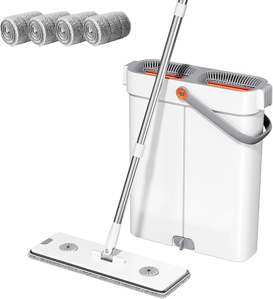 Spreezy Mop and Bucket Set, Hands-Free Flat Mop System with Wringer, Wet and Dry Using, Separate Wash & Wring Zone, Household, 4 Reusable Microfiber Pads for Floor Cleaning, Fits into Narrow Spaces
