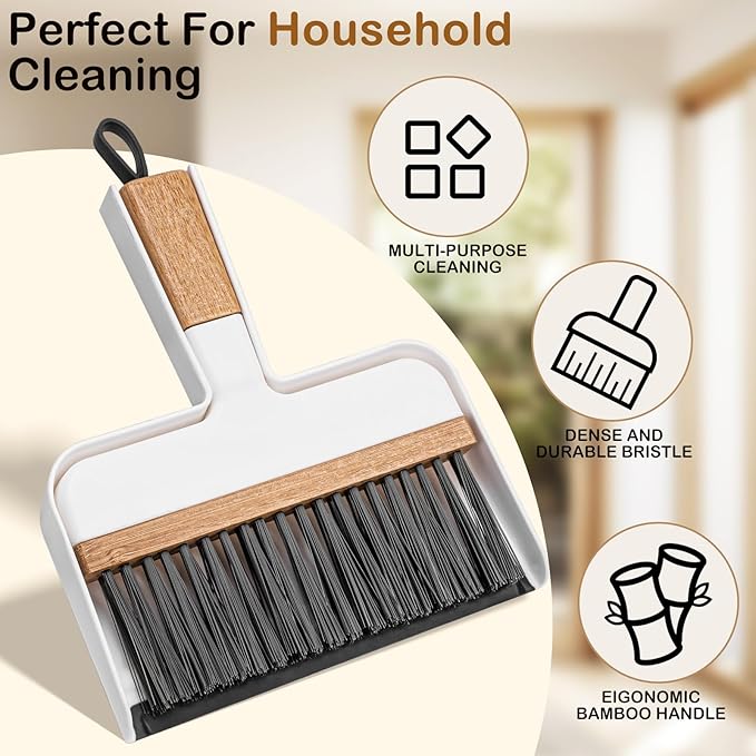 THINKLEARN Mini Dustpan and Brush Set, Portable Broom and Dustpan Combo Set with Bamboo Handle and Soft Rubber Lip, Compact Cleaning Tool for Kids, Car, Desk, Pet, Camping