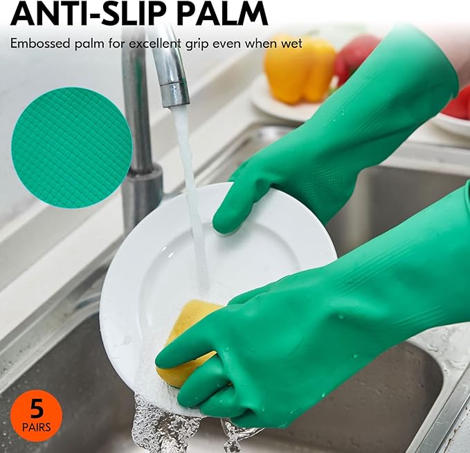 Vgo... 5-Pairs Reusable Household Gloves, Rubber Dishwashing gloves, Extra Thickness, Long Sleeves, Kitchen Cleaning, Working, Painting, Gardening, Pet Care (Size S, Green, HH4601)