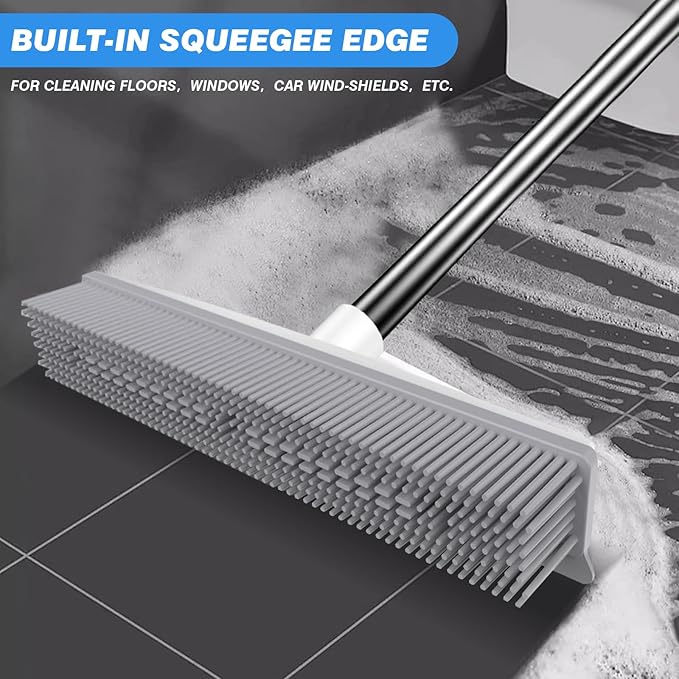 Rubber Broom with Built in Squeegee, Carpet Rake for Pet Hair Removal, Fur Remover Broom with 51" Adjustable Long Handle, Soft Push Broom for Carpet, Hardwood Floor, Tile