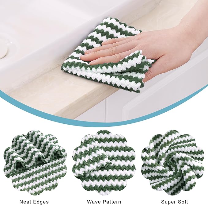 Homaxy 12 Pack Kitchen Dish Cloths, Ultra Soft and Absorbent Dish Towels, Reusable Fast Drying Microfiber Cleaning Cloth, Coral Velvet Wave Design No-lint, 10 x 10 inches, Grass Green