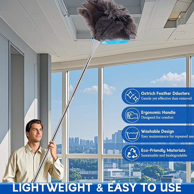 Madrigal 72" Extendable Ostrich Feather Duster for Cleaning with 2 Replacement Heads Washable and Reusable Long Handle Handheld Feather Duster for High Places, Home,Office Cleaning