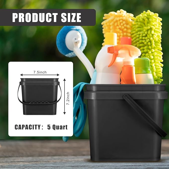 4 Pcs Plastic Bucket 5 Quart Square Bucket Utility Small Pail with Handle Sturdy Pail Organizer for House Cleaning Storage Livestock Feeding Car Washing Food Storage, No Lids(Black)