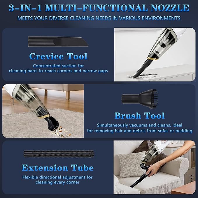 XGJUCE Handheld Vacuum Cordless,Car Vacuum Portable Cordless Rechargeable Hand Vacuum with LED Light, 6kpa Powerful Suction with Three Types of Suction Heads and Filters for Cat/Home/Office Cleaning