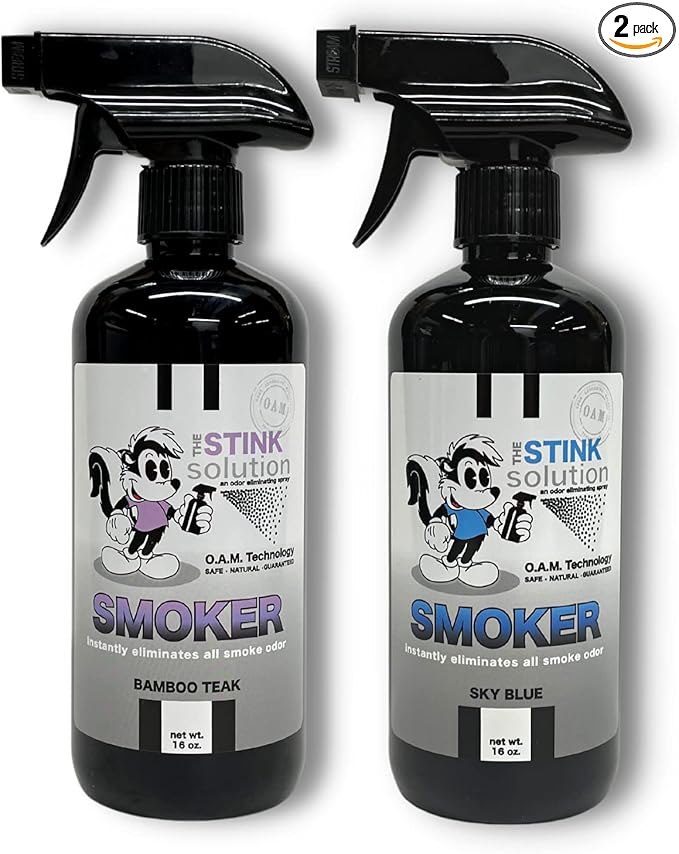 The Stink Solution Smoke Odor Eliminator Spray for Home, Car, Clothes, Hands, Hair, Wall & More Completely Neutralizes All Types of Smoke Odor Best Smoke Smell Remover Bamboo Teak 16oz & Sky Blue 16oz