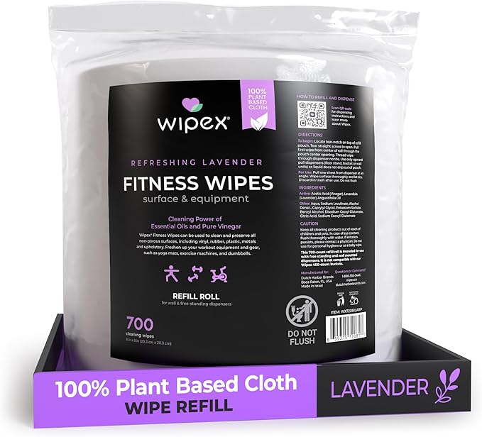 Wipex Plant-Based Gym Wipes Refill - 700 Count, 8"x8" Gym Cleaner for Equipment with Vinegar & Lavender Essential Oil, Fits Dispensers, Lavender Scented Fitness Equipment Wipes, Pack of 1