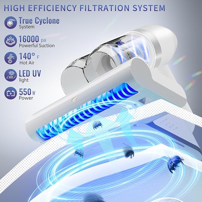 HYNSEN Mattress Vacuum Cleaner, Bed Vacuum Cleaner with UV & Ultrasonic, 16Kpa Suction Handheld Bed Vacuums with High Heating Tech, Effectively Clean Up Bed, Pillows, Sofas, Carpets, 550W