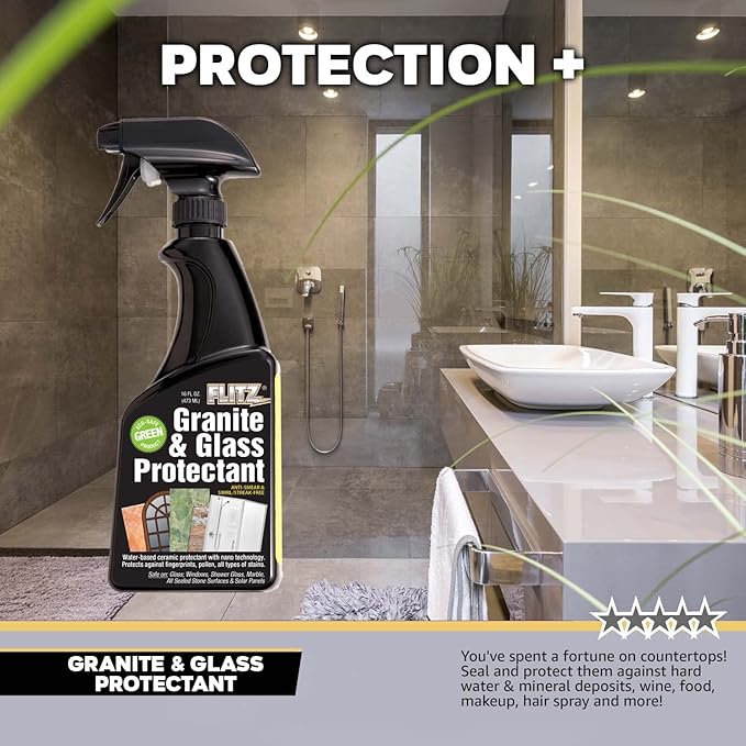 Flitz Granite & Glass Protectant - 16oz Bottle of USA-Made Granite Sealer and Glass Countertop Protector - Cleans & Prevents Liquid, Stains, & Others - Also Works on Marble & All Metals (1 Pack)