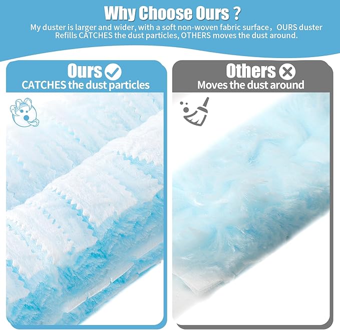 60 Count 360° Heavy Duty Duster Refills Compatible with Swiffer, Large Size-Extra Thick Disposable Electrostatic Duster Refill with 1 Short Handle for Furniture, Blinds, Ceiling Fans(Blue)