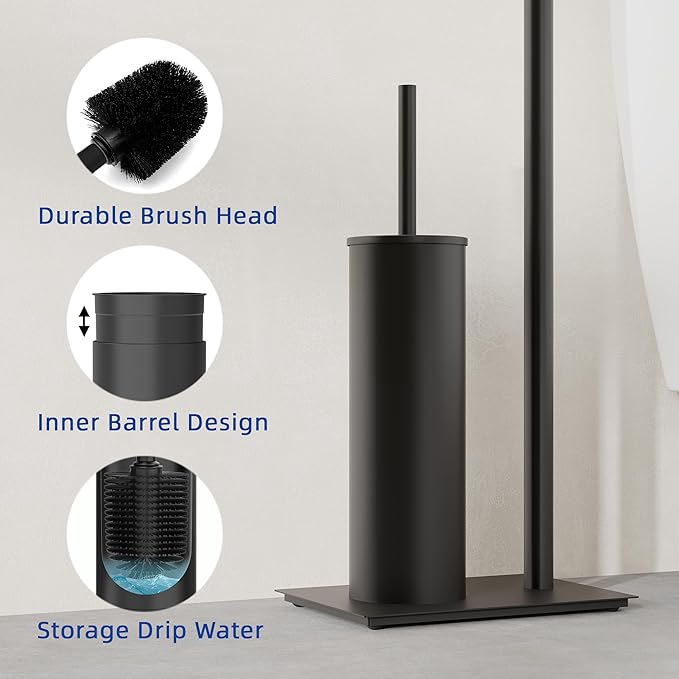 RUACQ Toilet Paper Holder Stand with Toilet Brush and Holder Set, 304 Stainless Steel Bathroom Toilet Tissue Paper Roll Holder Free Standing, Weighted Base, Heavy Duty (Matte Black)