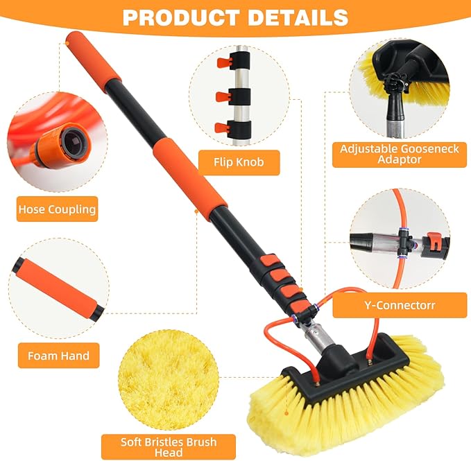 TOWBRUS 20FT/240inch Car Wash Brush with Long Handle Water Fed Telescopic Pole with Angle Adapter 12" Soft and Hard Bristle Cleaning Tool for Car Truck RV House Floor Window Glass Roof Pool