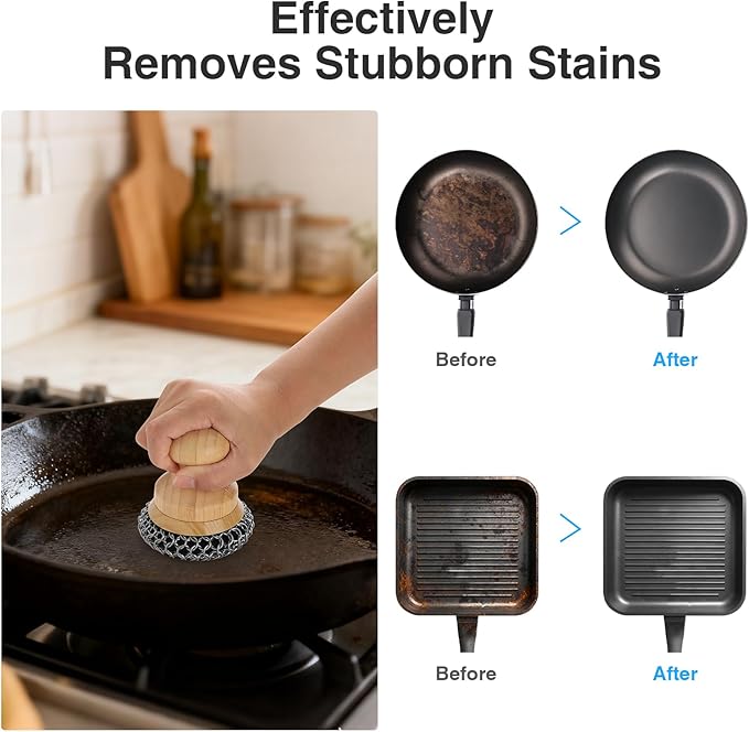Cast Iron Scrubber and Scraper,Chain Mail Cleaner with Bamboo Handle & Draining Tray,316 Stainless Steel Brush for Cleaning Pots,Pans,Wok,Bakeware,Griddles, Grills,Dishes (Large Chain Mail)