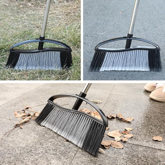 MuLing Heavy Duty Outdooor Broom - 15.7" Wide Broom with Long Adjustable Handle & Stiff Bristles for Patio, Garage, Yard, Garden (Black)