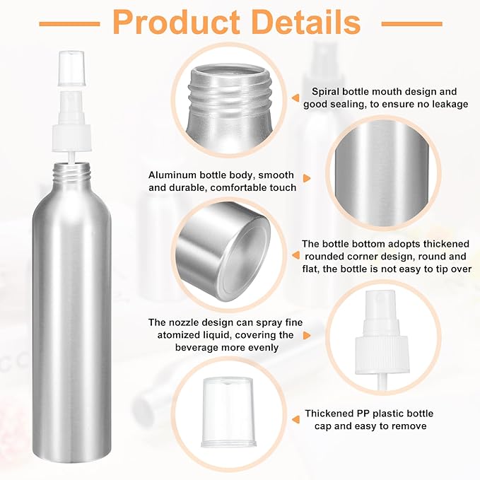 HARFINGTON Aluminum Fine Mist Spray Bottles 250ml/8.5oz Metal Small Liquid Alcohol Refillable Travel Container with White Plastic Nozzle Cap for Perfume Skincare Cosmetic Storage Bottle
