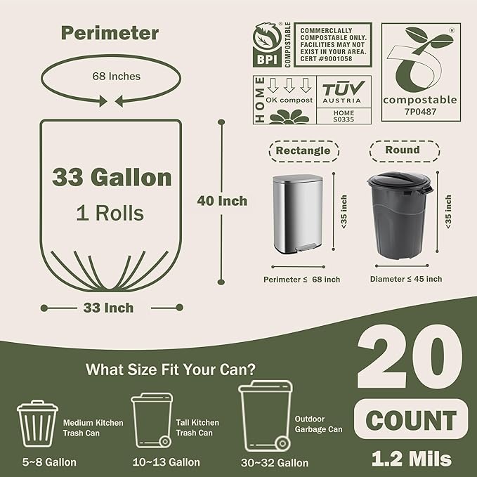 JENCENBIO Compost Bags 33 Gallon 125 Liter Extra Thick 1.2 Mils Compostable Food Scrap Waste Bags with US BPI ASTM D6400 and Europe OK Compost Home Certified 20 Counts