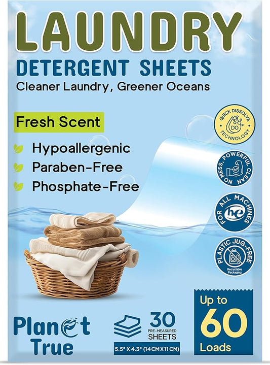 Eco-Friendly Laundry Detergent Sheets – 60 Loads (30 Sheets) Fresh Scent – Concentrated, Quick-Dissolve, Travel-Friendly & Hypoallergenic – No Phosphate, Bleach or Dyes