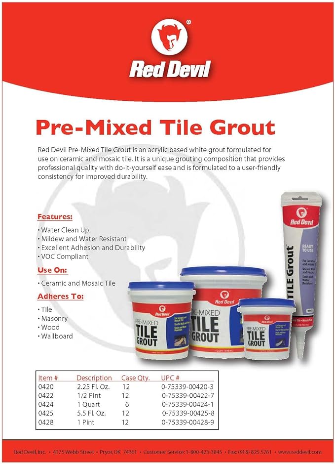 Red Devil 0425 Pre-Mixed Tile Grout - Professional Quality, Excellent Adhesion, Ideal for Wall & Floor Use - 5.5 oz, White, Pack of 12, Made in USA