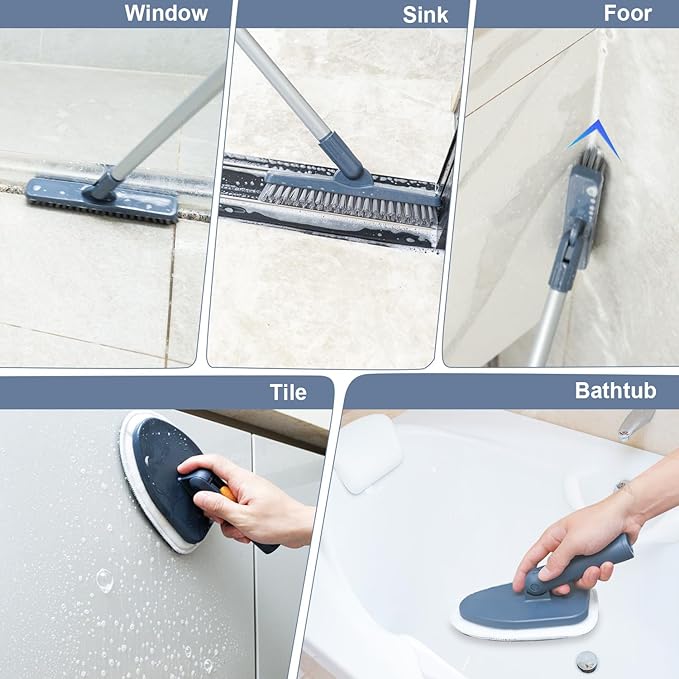 Shower Cleaning Brush,4 in 1 Tile Tub Shower Scrubber with 54.7'' Long Handle Stiff Bristles Sponge Brush Grout Brush Microfibe Pads for Bathroom Kitchen Toilet Wall Glass Tub Tile Sink