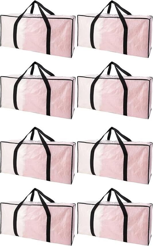 Extra Large Moving Bags with Zippers & Carrying Handles, Heavy-Duty Storage Tote for Space Saving Moving Storage, Fold Flat, Alternative to Box and Bin - 8 Pack, Semi-Transparent