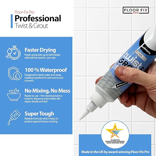 Floor-Fix Pro - Twist & Grout Repair Kit - Premixed & Waterproof Fast Tile Grout Reviver - Bathroom, Shower, Kitchen (White, 8.8 Fl Oz)